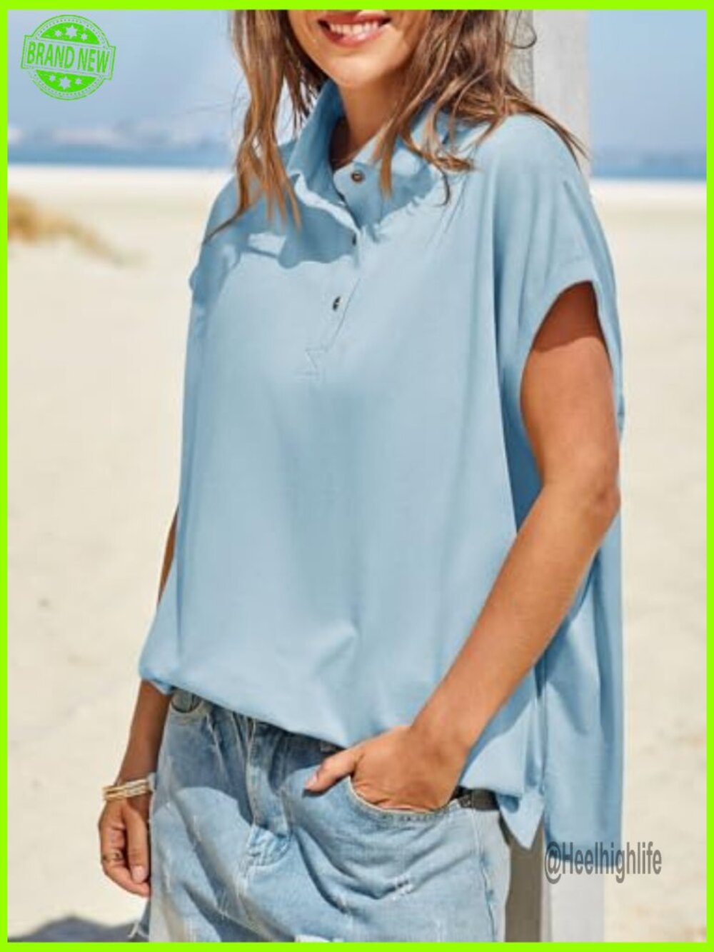 Womens Oversized Cap Sleeve Polo Shirts Collared V Neck Cotton Top Loose Fit - Picture 4 of 7